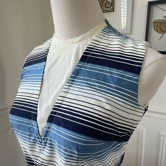 Vintage 60s Blue Variegated Stripe Sleeveless Dress S - Picture 5 of 8